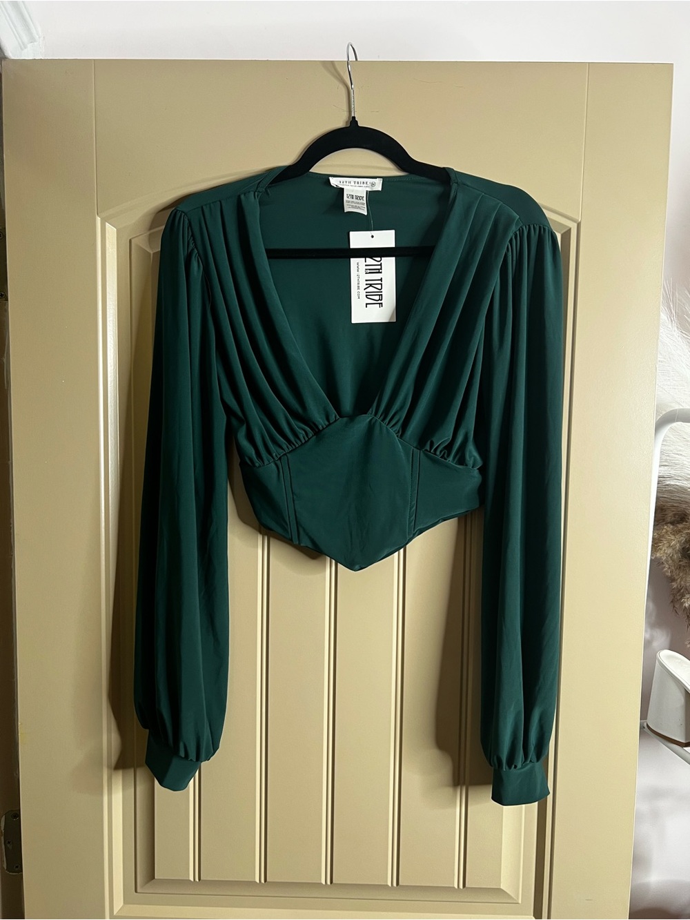 12th Tribe Deep Emerald V-Neck Corset Crop Blouse